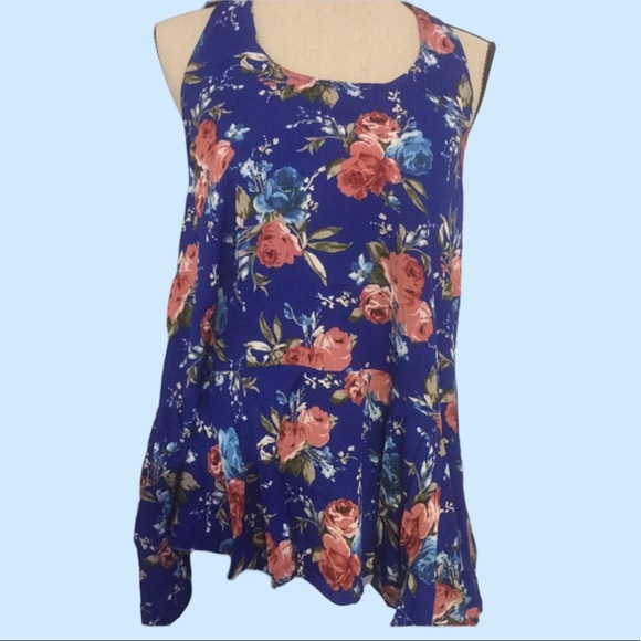 ❌DONATED❌Royal Blue Floral Print Ruffled Strap Design Tunic Top - Picture 4 of 10